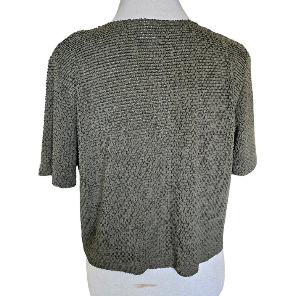 Vintage 90s Womens Dark Green Short Sleeve Cardigan Textured Beaded Semi Cropped